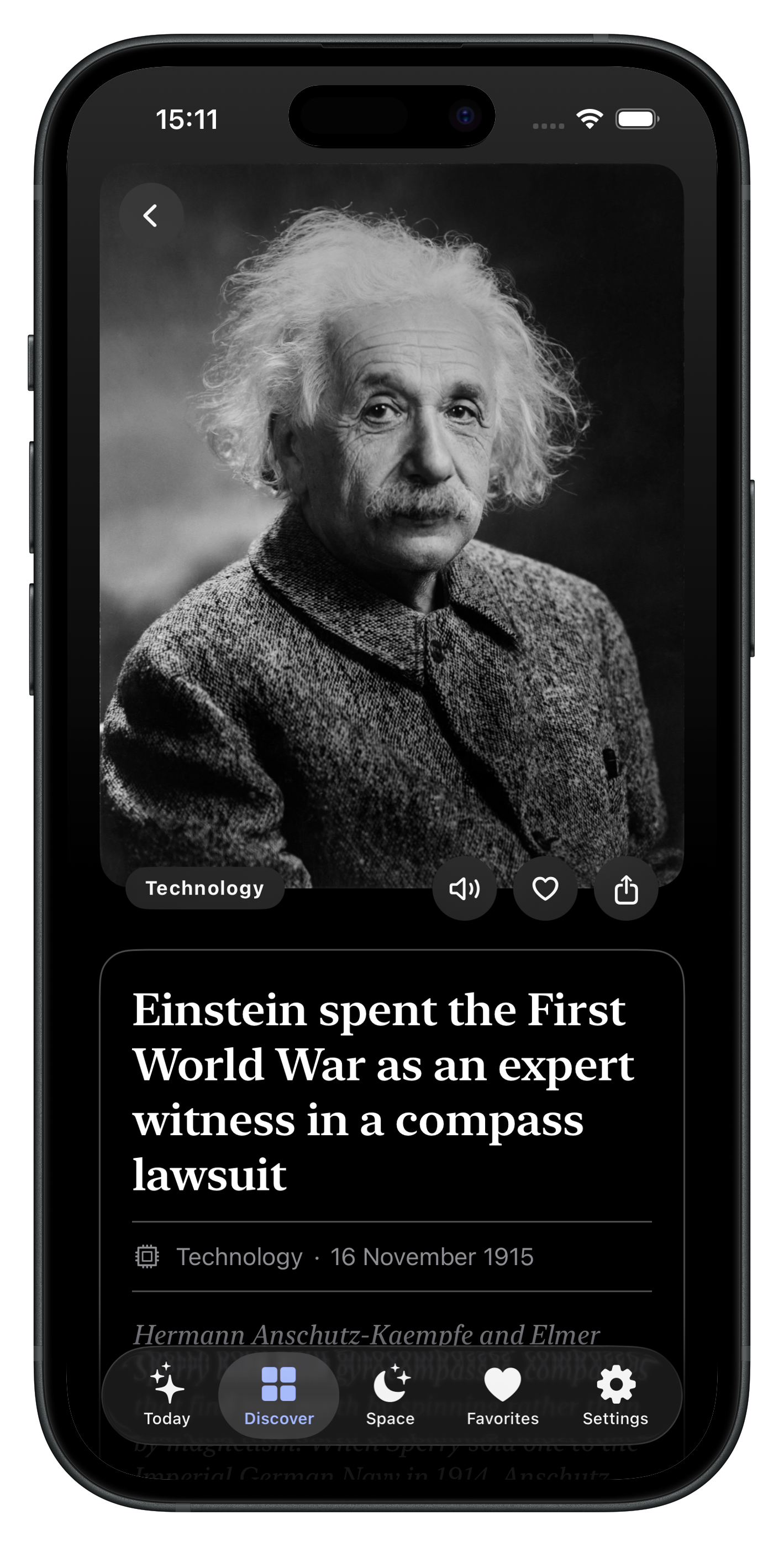 DailyScience iOS app showing an Albert Einstein story